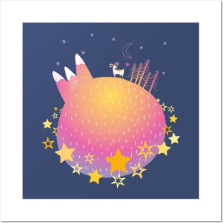 "Home Planet" in teal, pink, and yellow with a ring of yellow stars - a whimsical world Posters and Art